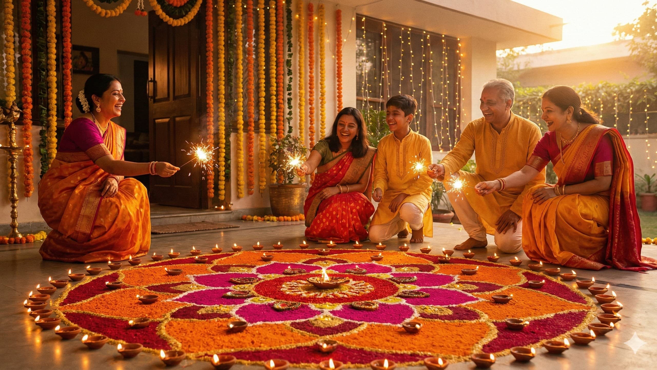 Vibrant Diwali celebration with diyas and rangoli