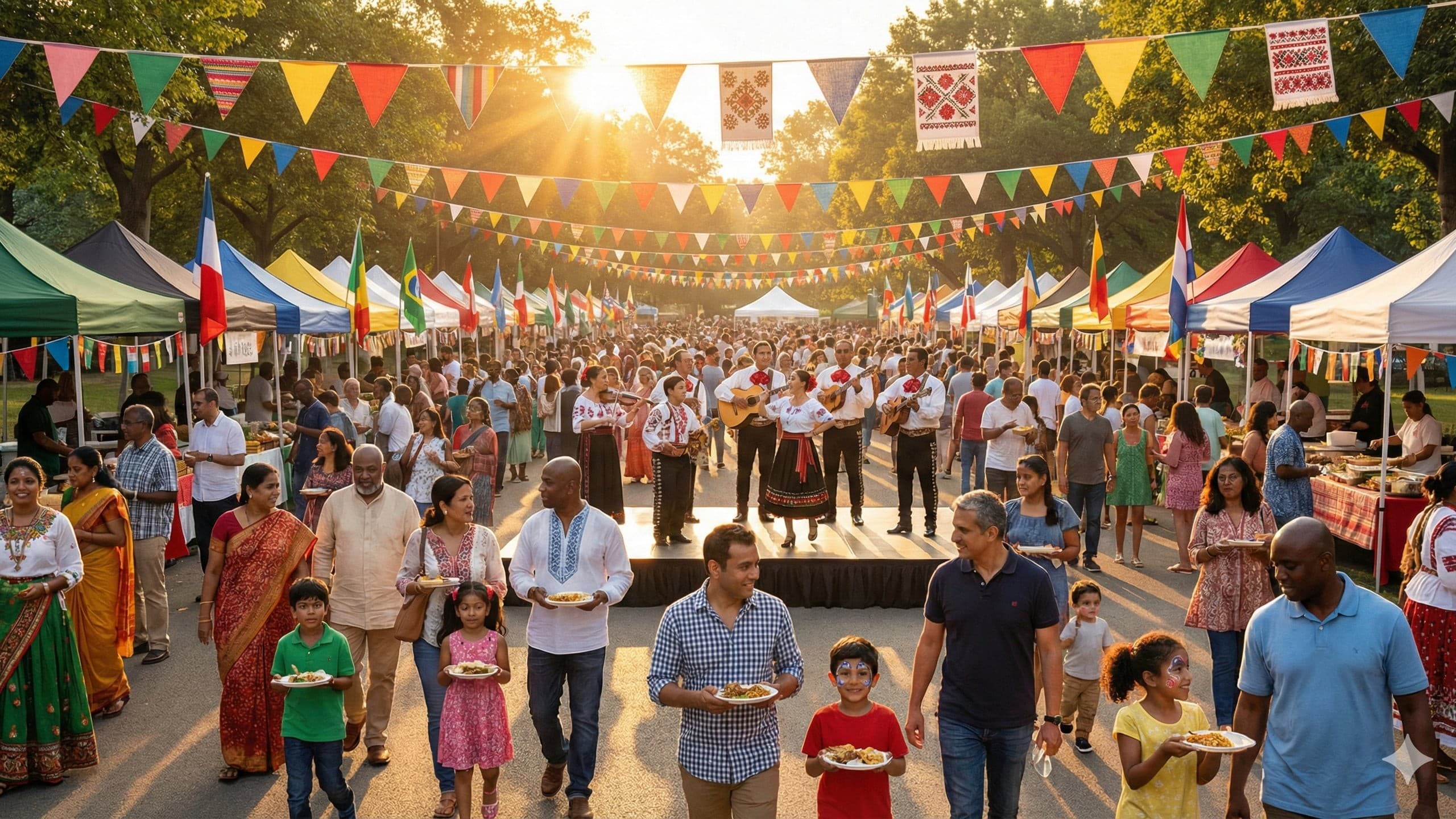 Vibrant community cultural festival with performances and food stalls