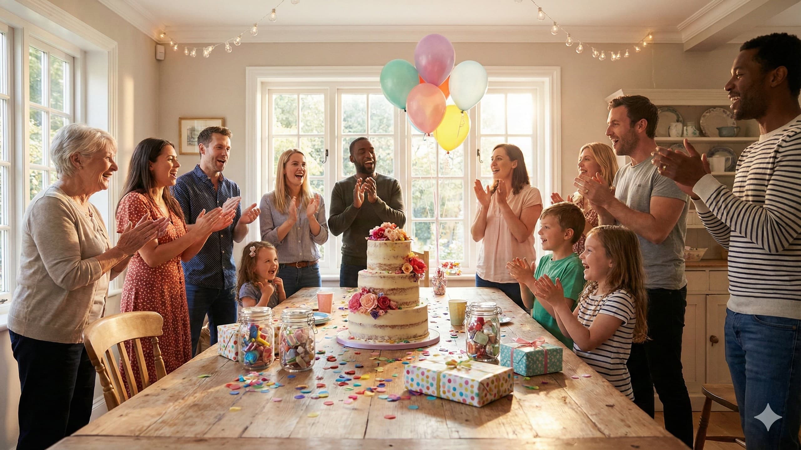 Colorful birthday party setup with decorations and cake
