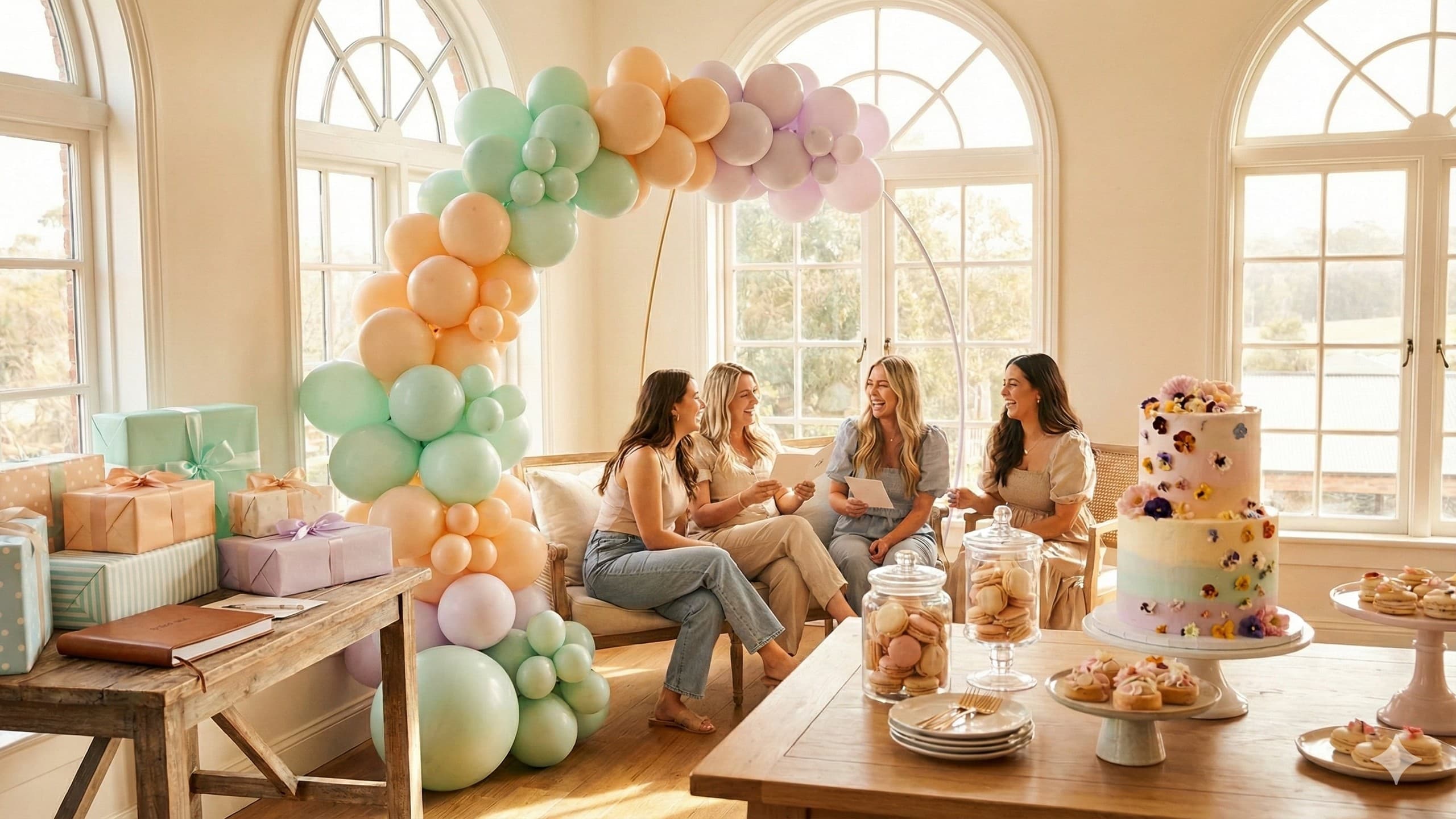 Beautifully decorated baby shower with gifts and games