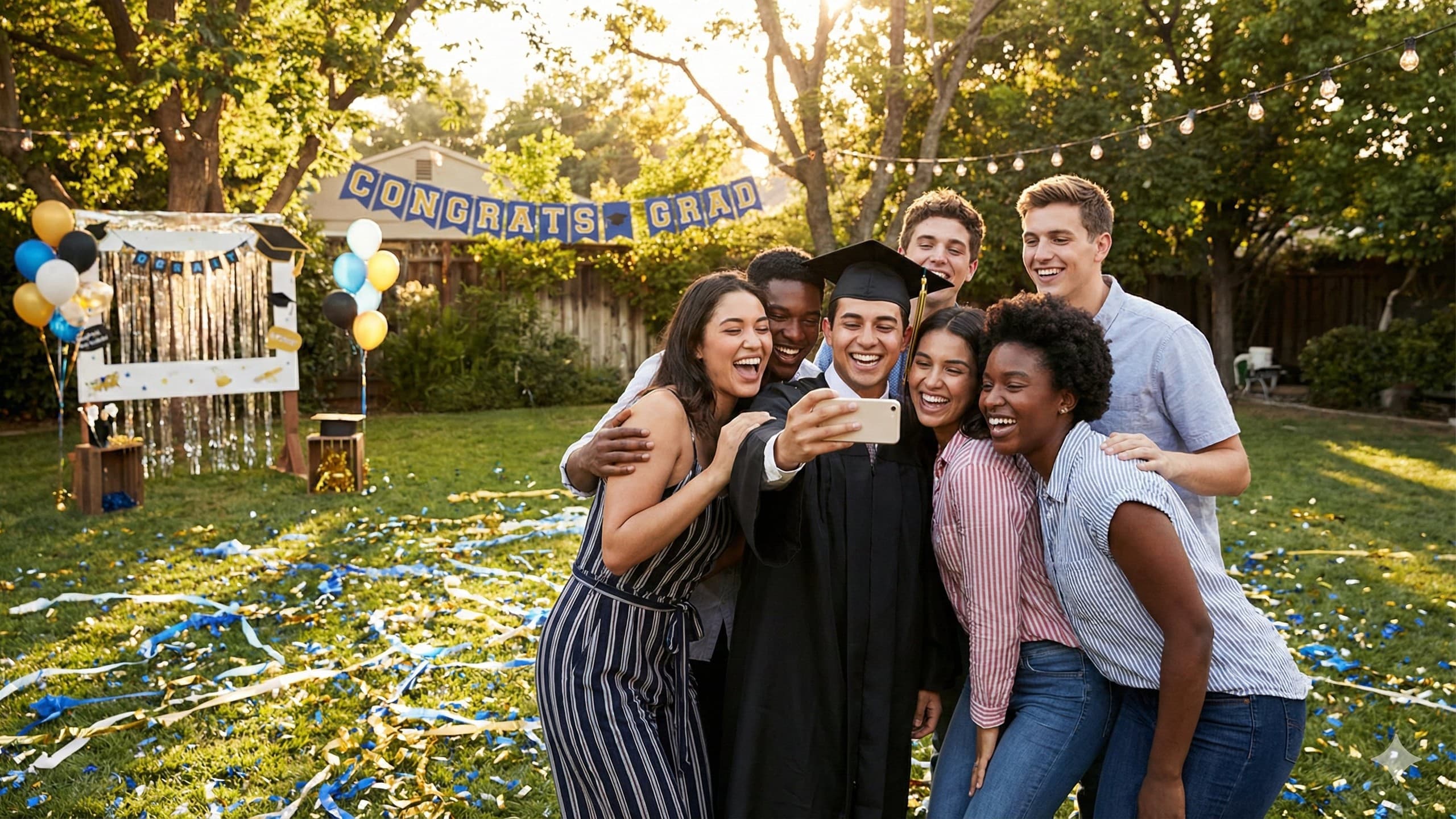 Graduate celebrating with friends at outdoor party