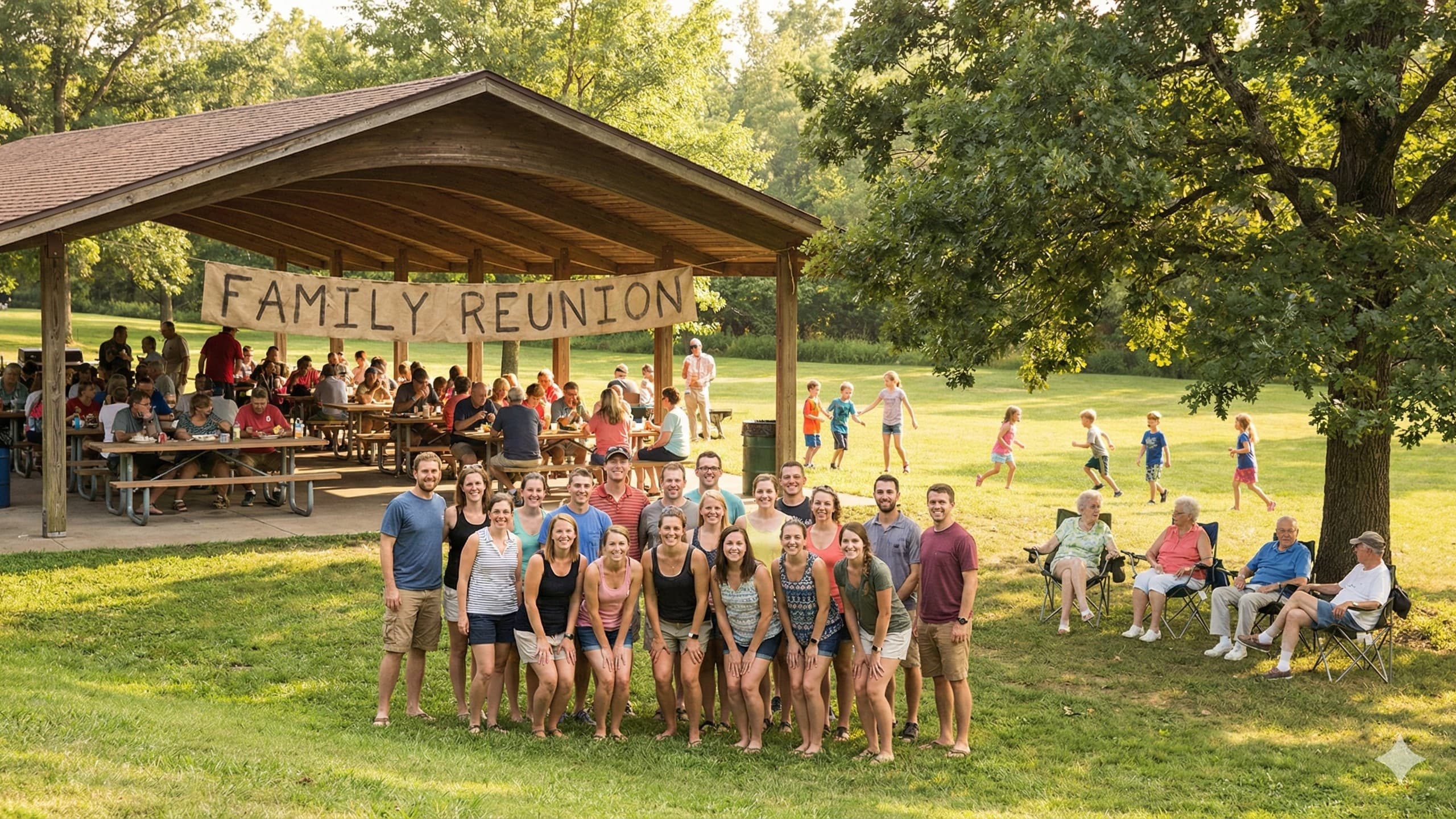 Large family reunion gathering in a park