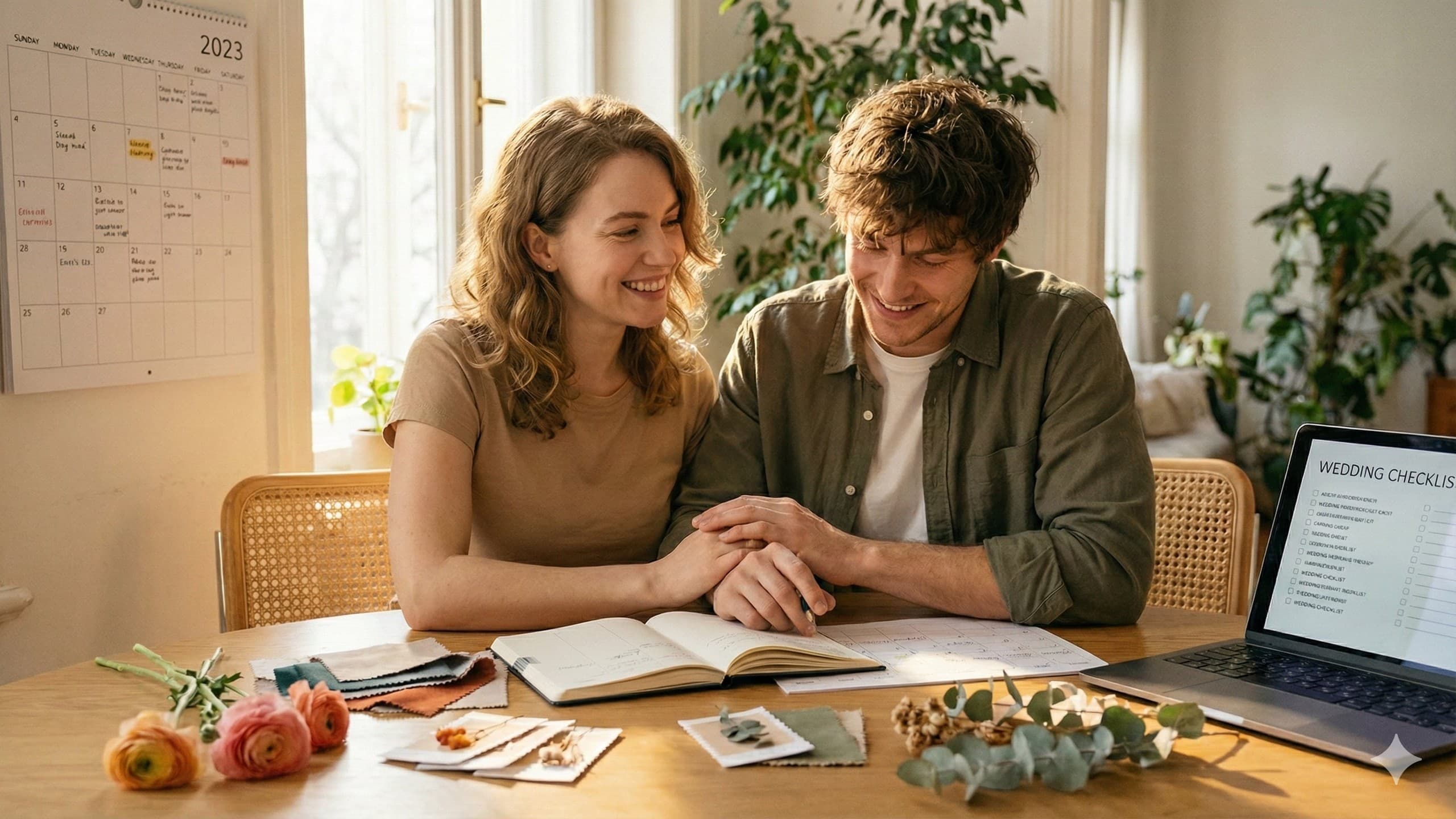 Couple reviewing their wedding planning timeline together